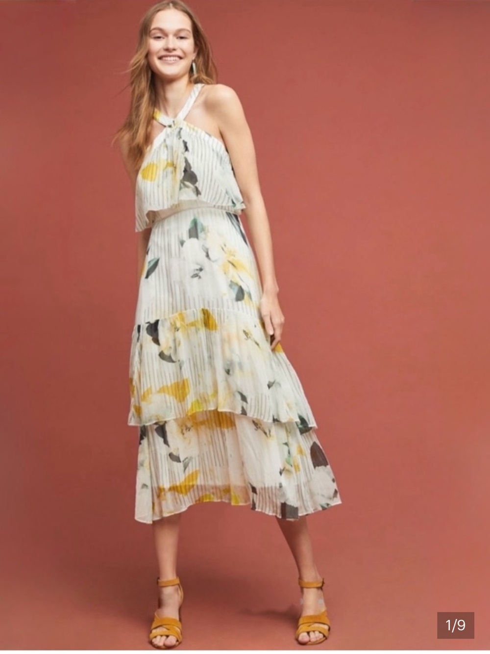 Anthropologie Pleated Halter Midi Dress — White, Yellow & Green floral garden